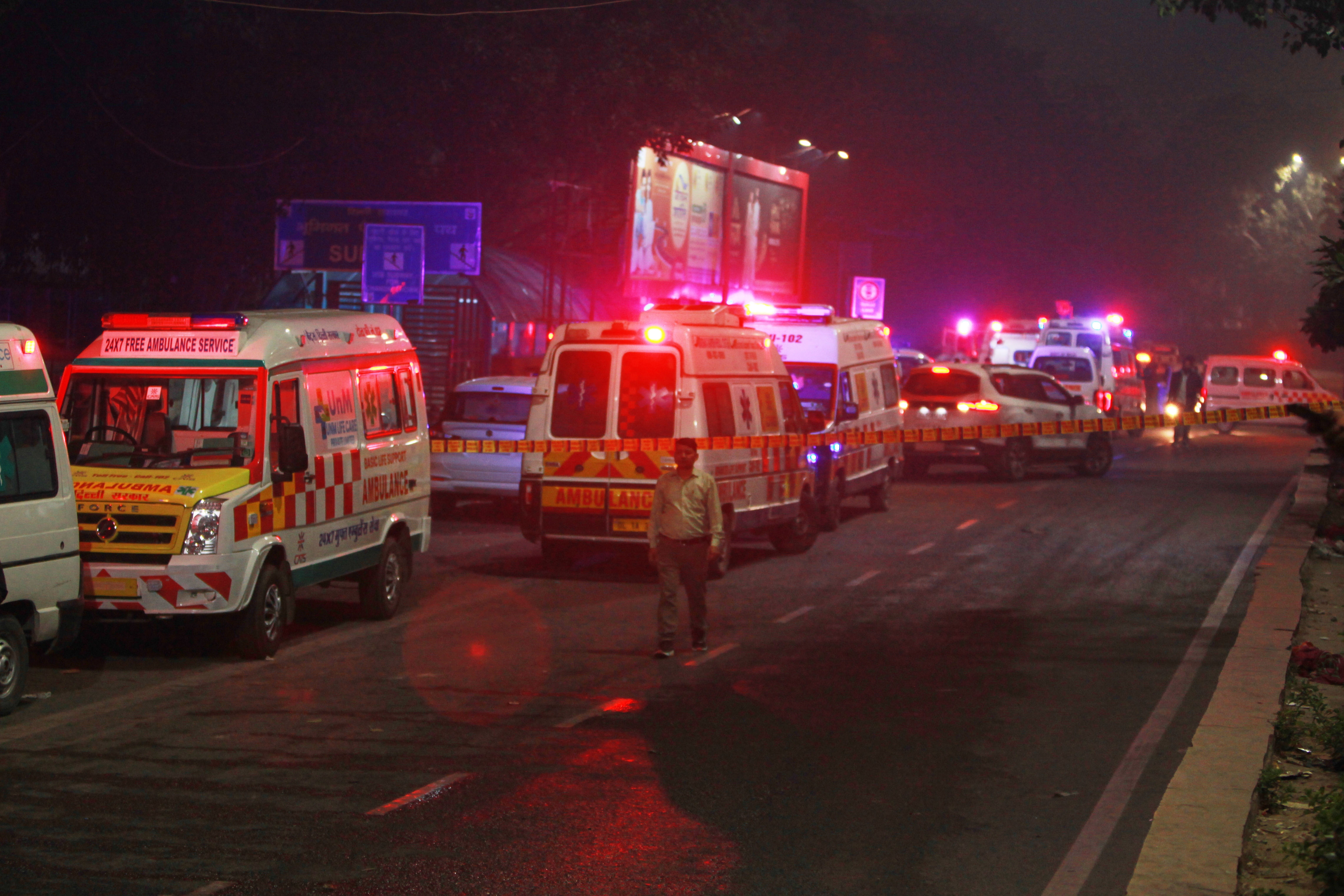 Ambulances are lined up at the scene after a car explosion near the historic Red Fort in New Delhi, India, on Monday.